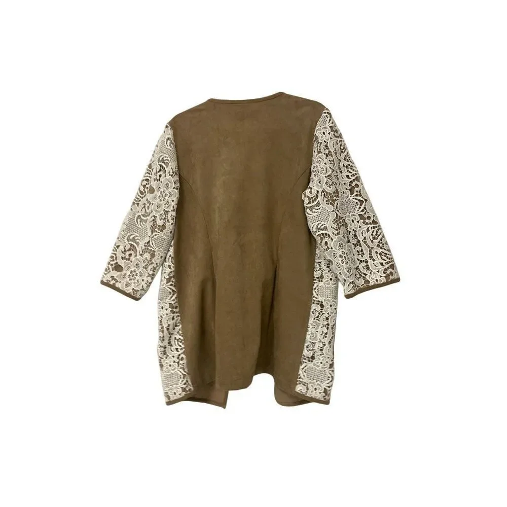 Chico's Womens Jacket Size 1 S Duster Ecru Tan Lace Faux Suede Open Front NWT